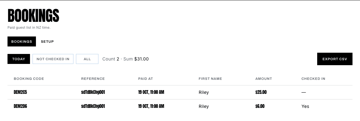 Bookings desk — paid guest list with booking codes and checked-in status