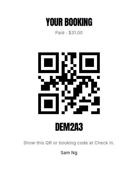 Guest pass with QR and booking code after they pay